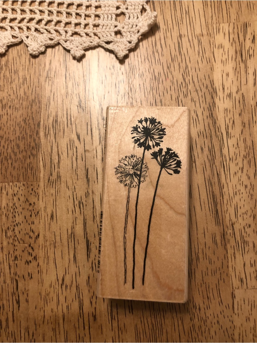 Dandelion Wooden Stamp Block — Natural Wood & Black Floral Design